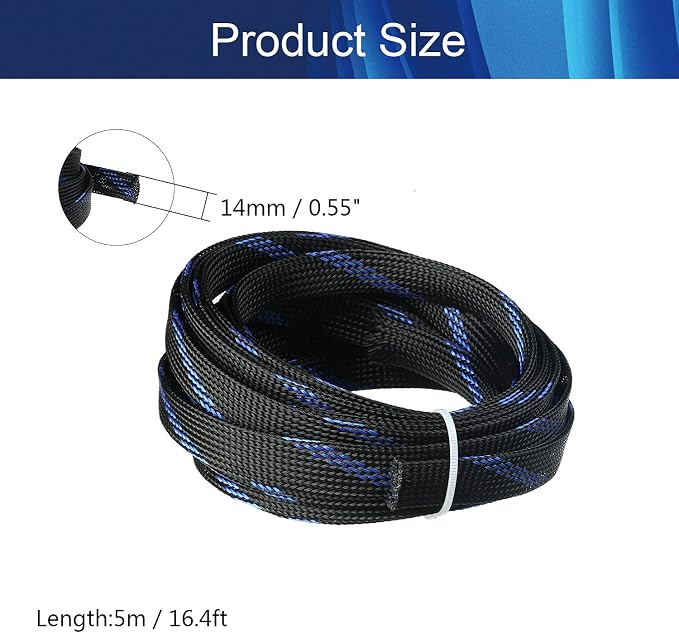 Jutagoss PET Expandable Braided Cable Sleeve, 16.4ft - 9/16 inch Black Blue Cable Management Sleeve, Wire Loom Tube Cord Protector for USB Cable, Power Cord, Audio Video and More, 1Pc