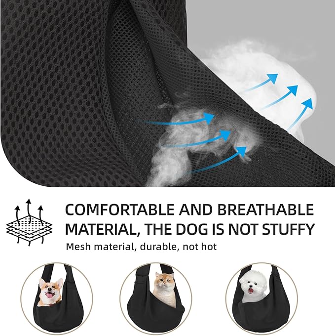 Dog and Cats Carrier Sling, Breathable Puppy Small Pet Carrier with Pocke | Reversible Dog Sling Carrier, Safety Buckle, Storage Pocket, Machine Washable for Travel, Outdoor Activities, Hand-Free,Black