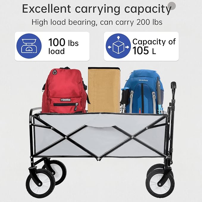 Folding Wagon Garden Cart Collapsible Beach Wagon Grocery Wagon with 4 Universal Wheel for Shopping Park Picnic, Beach Trip, Outdoor Activities, Camping(Grey)