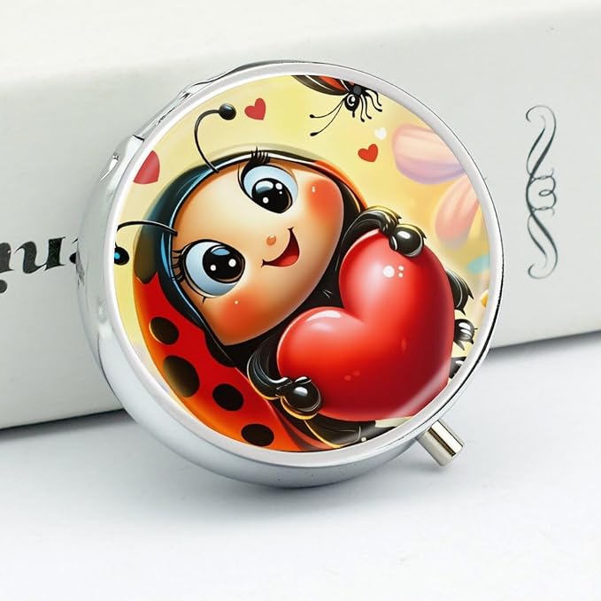Ladybug Metal Round Pill Box, 3 Compartment Travel Organizer, Portable Pill Container with Secure Latch, 2 Inch Circular Vitamin Caddy for Pills and Vitamins, Gift for Him Her Elderly