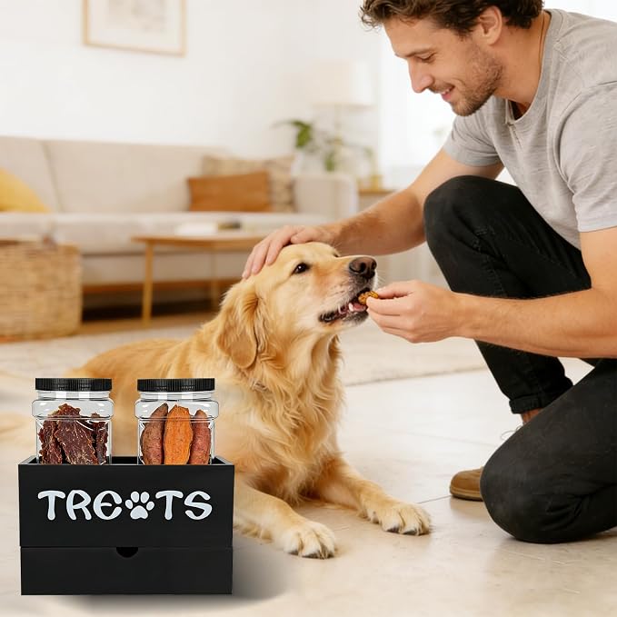 Dog Treat Jar for Countertop, 9.8 * 5.1 * 6'' 2 Layer Dog Treat Container with Drawer 2Jars and Sticker Wooden Pet Food Organizer Storage Basket For Pets Great Gift for Pets' Owners (Black)