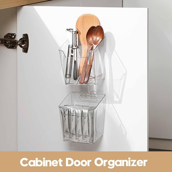 Clear Acrylic Pen Holder, 6 Pack Cabinet Door Organizer Adhesive, Bathroom Wall Mount Caddy Kitchen Plastic Storage Bin Box for Office Marker,Art Supply, Small Cleaning Supply, Seasoning Drink Packet