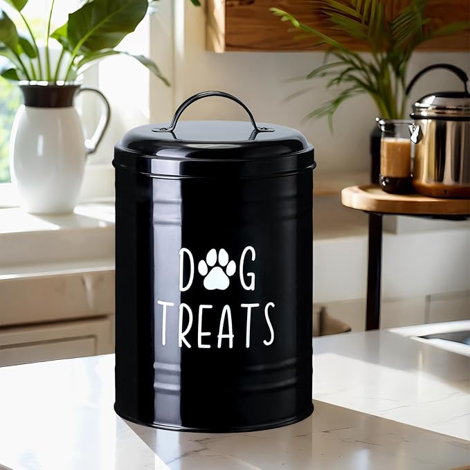 Dog Treat Container Airtight, Dog Treat Jar Set of 2 with Lid - 9x5.5''&7x4'' Metal Dog Cookie Jar for Farmhouse Kitchen Counter, Black Treat Jars for Pets, Treat Storage Container for Dogs, Cats | Large Capacity Dog Treat Jar Suitable All Popular Trea...