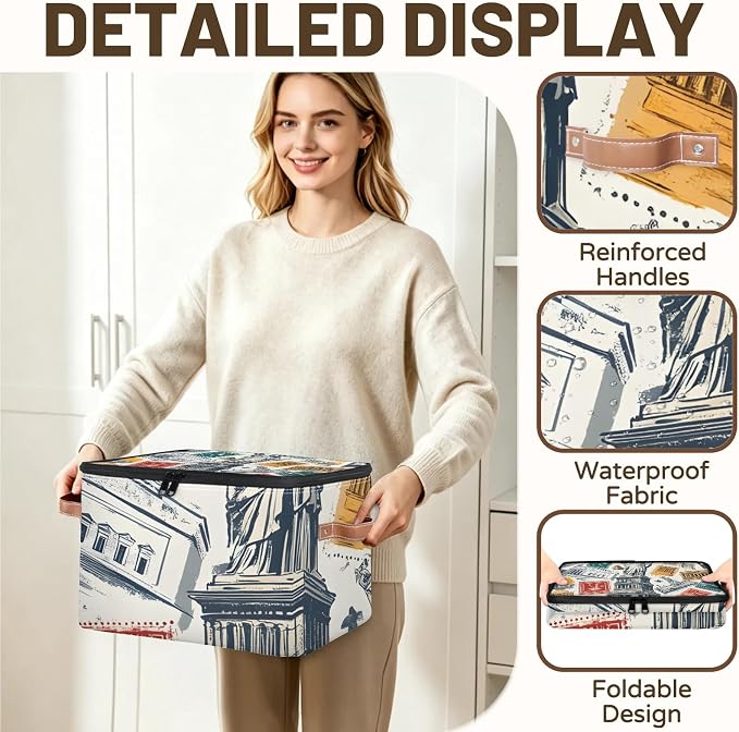 England London Foldable Storage Bin with Lid Zipper | Closet Shelf Organizer, Boxes, Basket Containers for Home, Lidded Storage Cube for Bedroom, Waterproof, with Handles