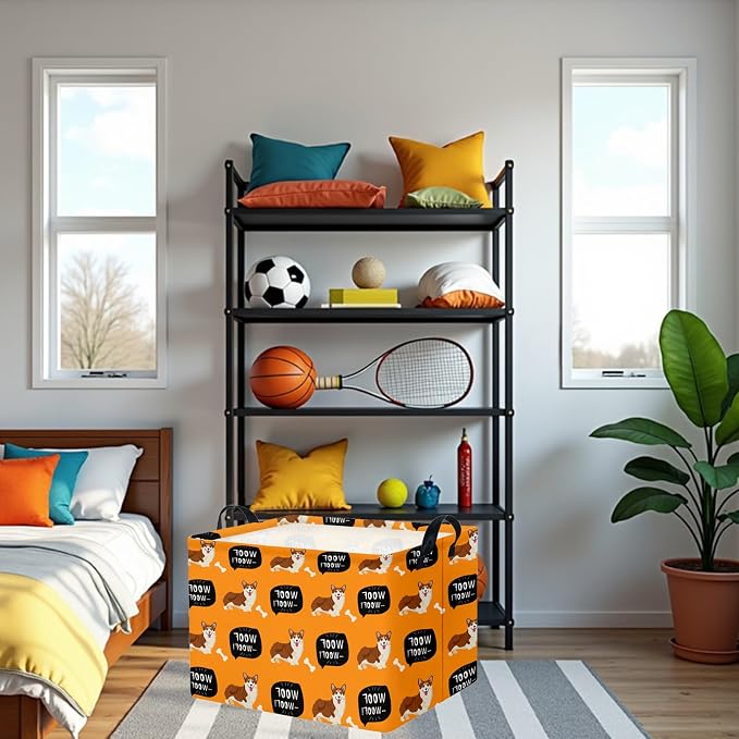 Woof Dog Basket Storage Bin, Orange | For Chew Toys, Pet Supplies Organizer, Pet Organizer, Dog Room Decor