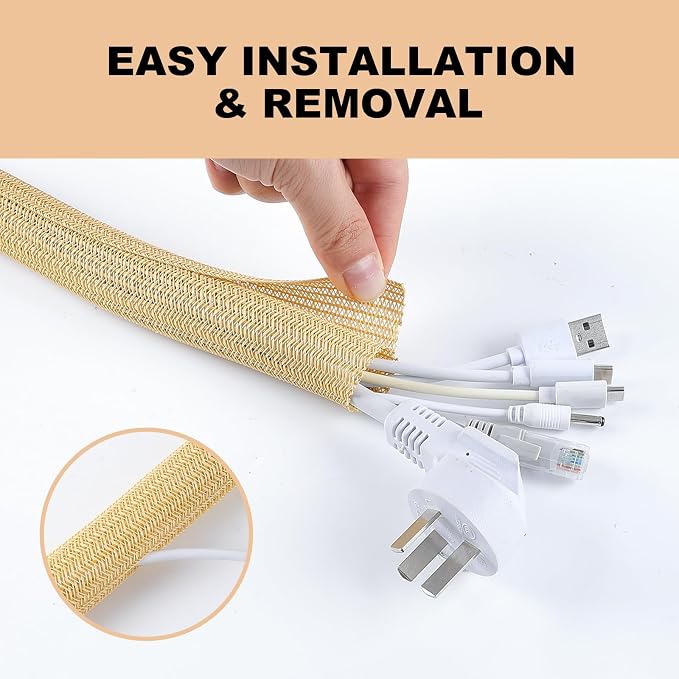 AGPTEK Cable Sleeve, 20ft - 1 inch Cable Management Cord Hider, Wood Color | Desk Cord Cover Organizer Wire Hider for Office Computer TV Wire Loom Tubing Pet-Proof Cord Protector from Cat Dog Chewing