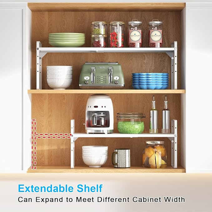 15.5 to 25.5 Inch Kitchen Cabinet Shelf Organizers, Adjustable Kitchen Counter Shelf Organizer, Set of 3 Expandable Countertop Storage Shelves, Stackable Design, 30LBS Heavy Duty, Space Saver