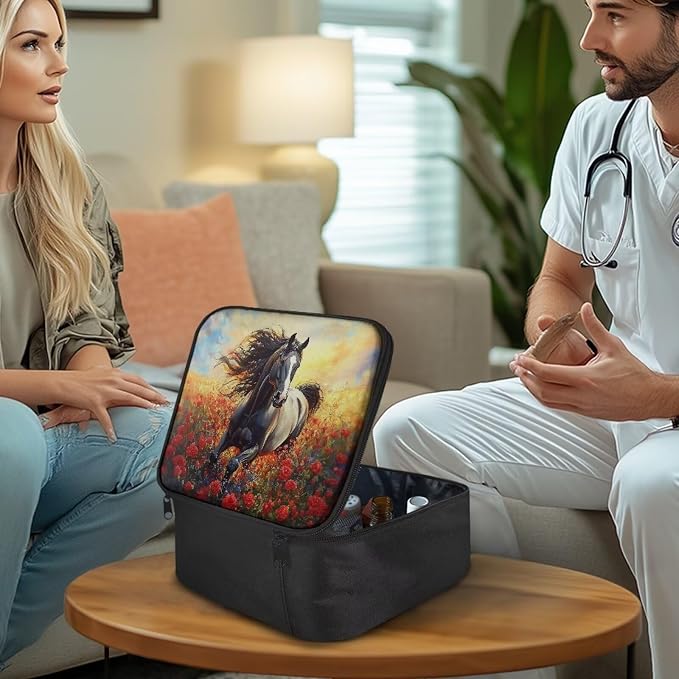 Rnyleeg Sunset Horse First Aid Bag Empty Romantic Rose First Aid Kit Home Lightweight Medical Travel Kit with Mesh Pockets&Handle Easy to Clean