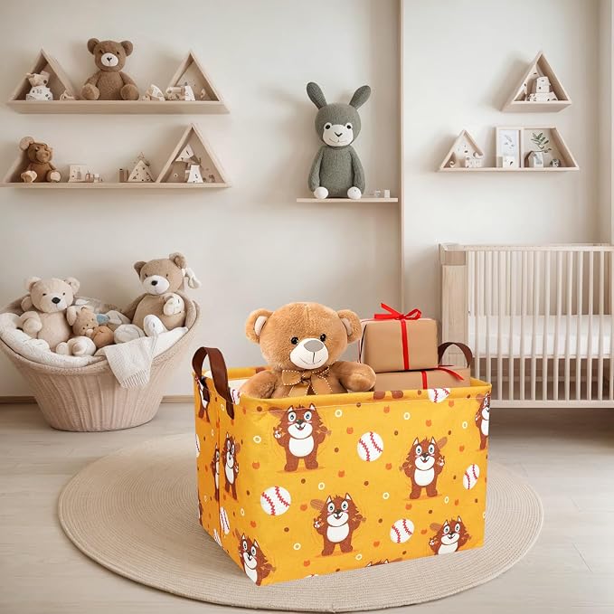 Kid Cute Storage Basket Baby Gift Basket Collapsible Rectangle Canvas Storage Bin for Nursery Playroom Bedroom Decor Organizer (Cartoon Bear Baseball)