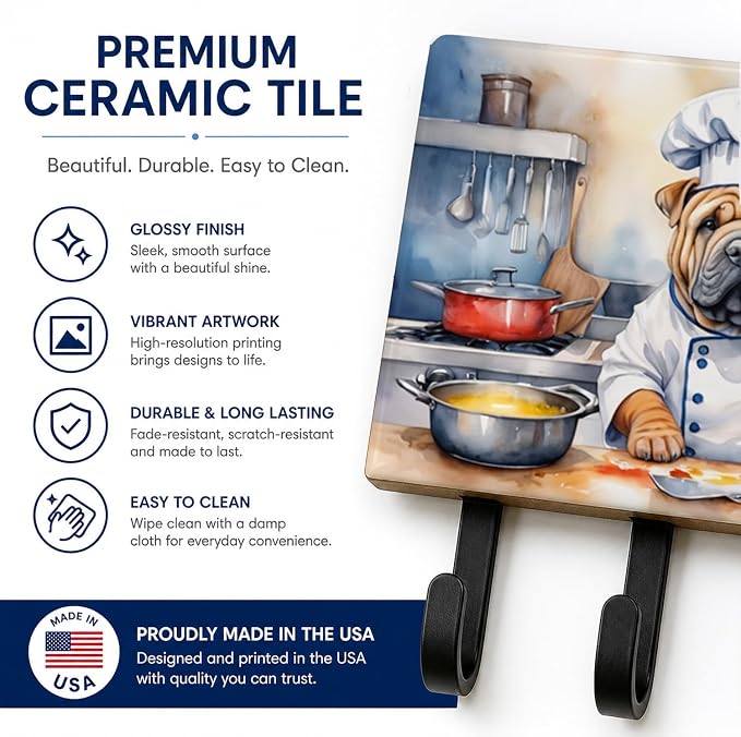 Caroline's Treasures Shar Pei The Chef Leash or Key Holder Wall Hooks, Key Hooks Holder, Coat Rack Wall Mount, Coat Hooks, Hooks for Hanging Keys, Towels, Aprons, Leashes | Shar Pei The Chef artwork on ceramic tile with three steel hooks for keys, leas...