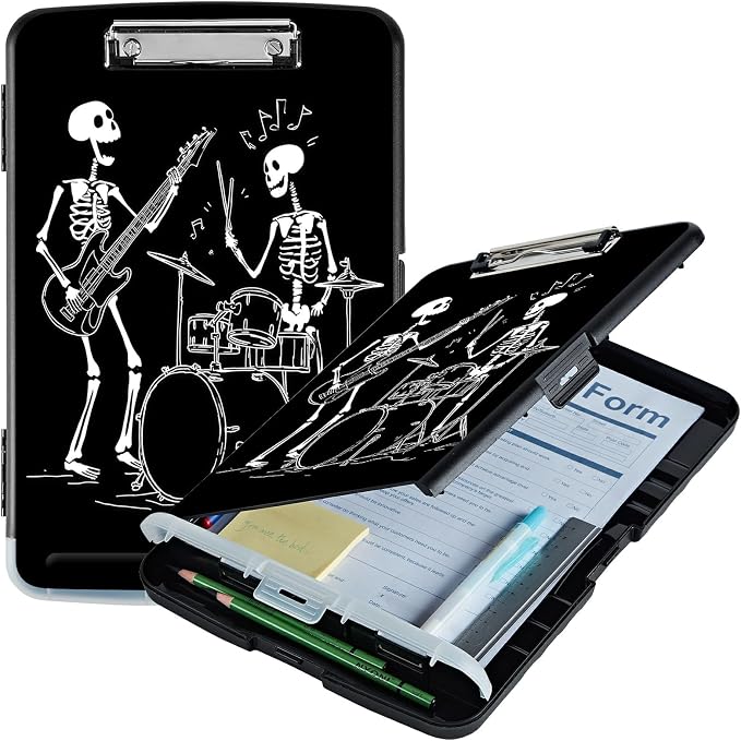 A4 Clipboard with Storage Pen Holder, Clipboards Organizer Nursing Clipboard Foldable File Folder Plastic Clipboard Folio Clip Board for Office Work Classroom Doctor, Guitar Skull