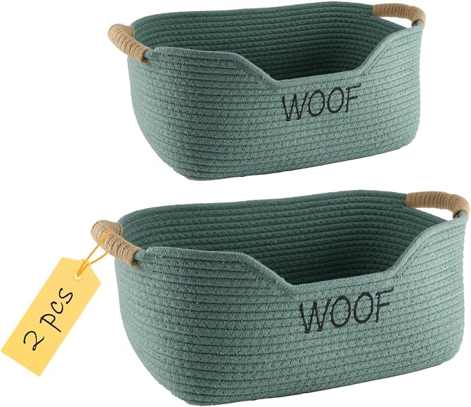 2 Pack Dog Toy Baskets,Pet Rope Basket for Dog Cat Toys,Dog Toy Bin with Handles,Woof Puppy Toy Storage Basket,Puppy Bed,Dog Stuff Organizer for Toys,Collar,Leash,Nursing Supplies-Green