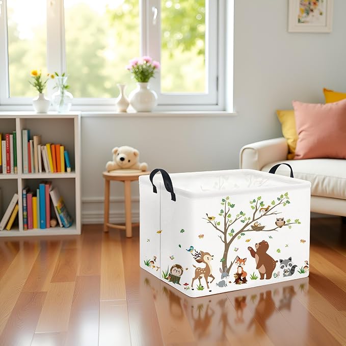 Rectangular Kids Storage Basket Baby Storage Basket with Handles for Home Kitchen Boys and Girls Cute Toy Storage Bin Organizer Shelf Book Room Decor(Tree Animal)
