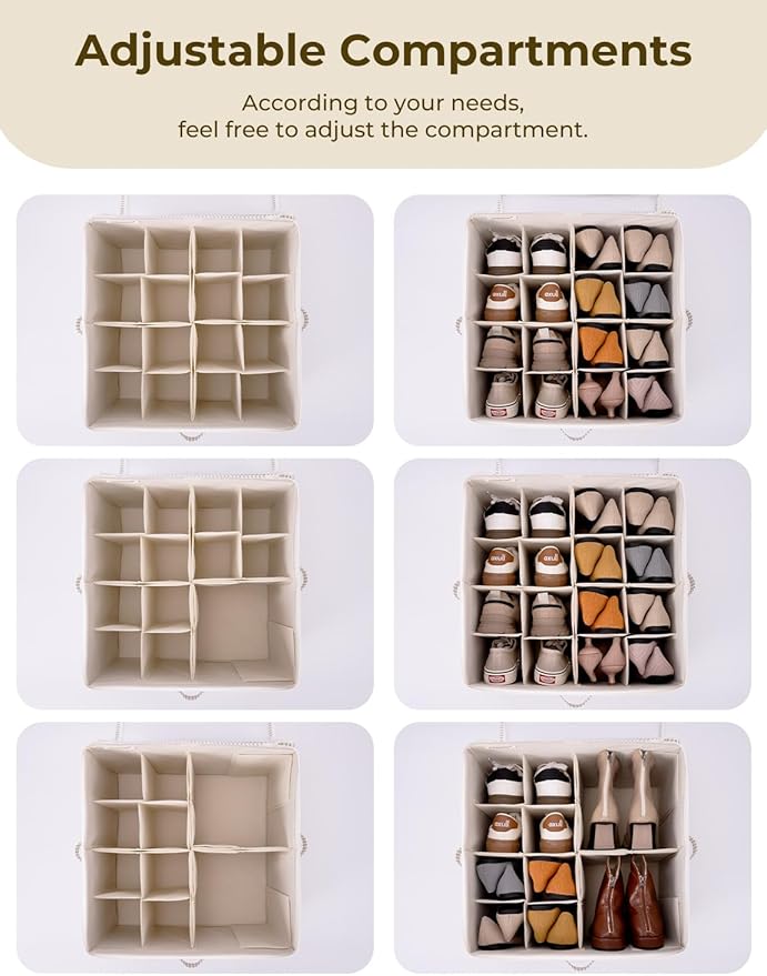 StorageWorks Shoe Organizer for Closet, Fits up to 16 Pairs, Shoe Cubby Storage Containers with Adjustable Dividers and Clear Cover, Khaki and Beige Stripes | Adjustable Dividers, Holds up to 16 Pairs, Foldable, Clear Lid, Soft Handles, Fits Sneakers, ...