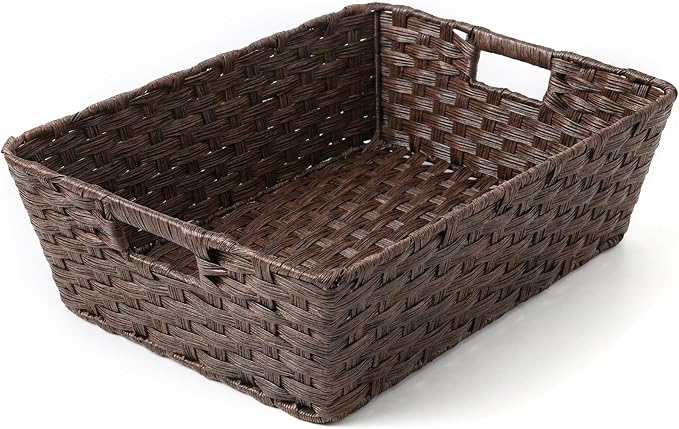 Large 2-Pack Plastic Wicker Storage Baskets, 17"x13"x5.5", Brown | onlytak Woven Baskets for Laundry, Closet, Living Room, Shelf Organization, Cat Bed