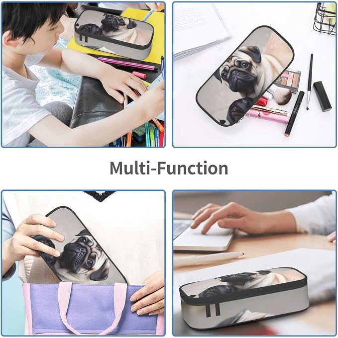 Cute Pet Pug Pencil Case Large Capacity Pencil Pouch With Zipper Portable Pen Bag Organizer Waterproof Cosmetic Makeup Bag For Women Men