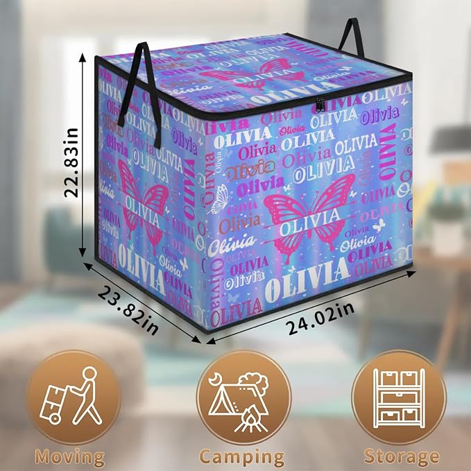 Custom Comforters Storage Basket with Lid, Personalized Name Butterflies Large Organizer Bin for Pet/Children Toys, Clothes, Perfect for Rooms/Playroom, Gradient Blue Stripes with Stars