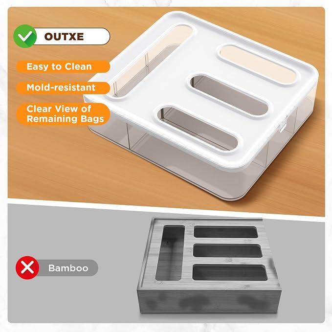 OUTXE Bag Organizer for Drawer + Fridge, Magnetic Kitchen Baggie Storage | Pantry Organization for Ziplock Plastic Food Bags | Compatible with Snack Sandwich Quart Gallon (White) | Pantry Organization for Ziplock Plastic Food Bags | Compatible with Sna...