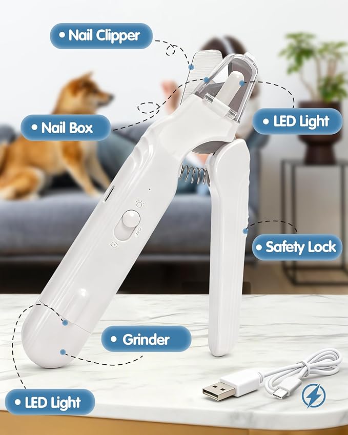 2-in-1 Dog Nail Clippers & Grinder with LED Light, Quiet Electric Pet Nail Trimmer for Large Medium Small Dogs Cats, Rechargeable Safety Guard for Black Nails, Painless Grooming Kit