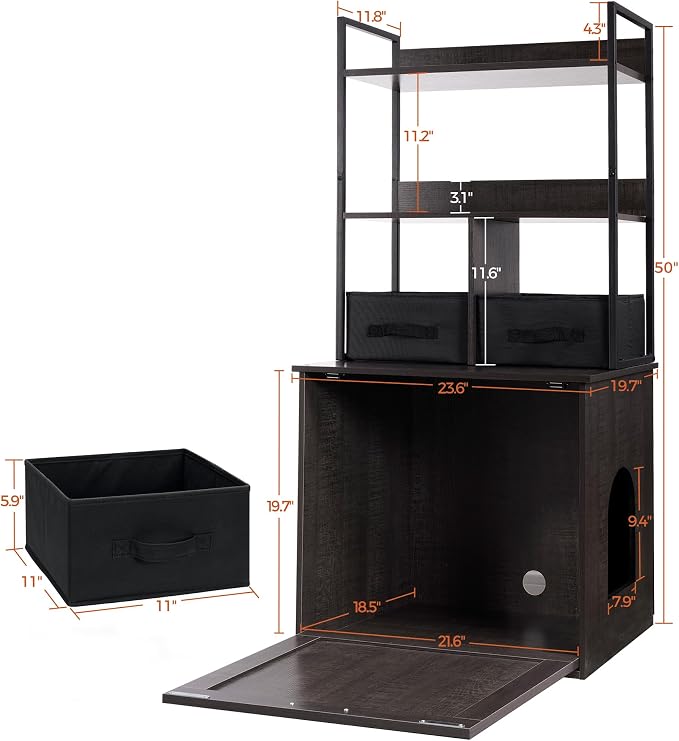 Dwanton Cat Litter Box Enclosure, 2 Storage Shelves and 2 Drawers, 50" H | 2-in-1 Hidden Cat Litter Box Enclosure Furniture with Shelf, Metal Frame, Reversible Entrance, Washable Drawers, Dark Grey