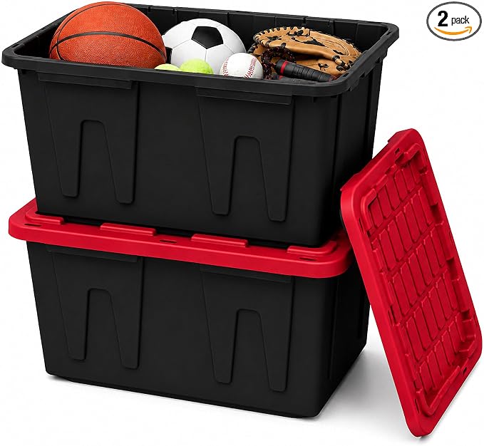 27 Gallon Storage Bins with Lids, Heavy Duty Plastic Stackable Totes, 2-Pk | High-impact polypropylene construction resists dents and stains. Features lockable lid channels and integrated grip handles.