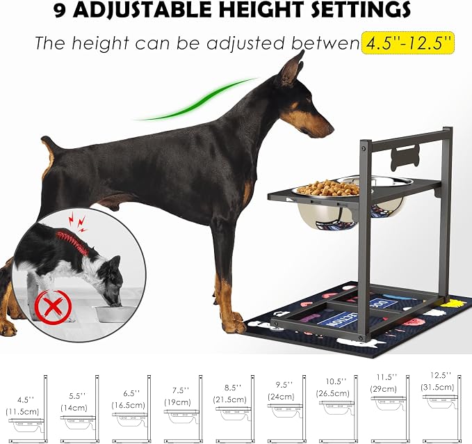 ADENGL 9 Height Adjustable Dog Bowl Stand with Two 1.7L Stainless Steel, Slow Feeder Bowls and Nonslip Pad, Perfect for Medium and Large Dogs