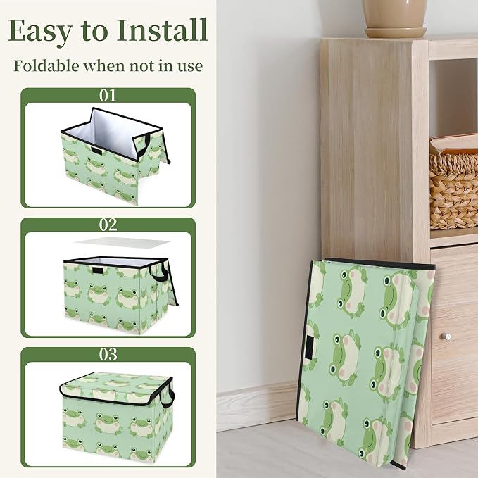 Cute Frog Storage Bins with Lids, Cartoon Animal Foldable Storage Boxes with Carrying Handle Organizer Containers Baskets Cube for Home Bedroom Closet