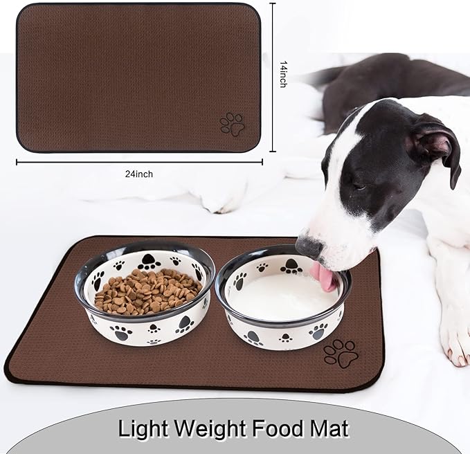 SINLAND Microfiber Pet Bowl Mat Dog Cats Feeding Mats for Food and Water Dish Drying Mat with Anti-Skid Backing 14.2Inch x 24Inch Brown