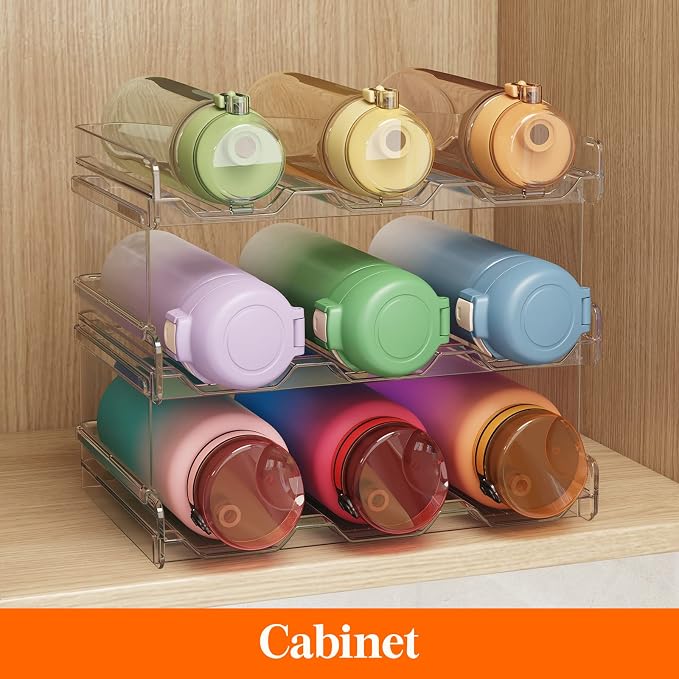 Lifewit Stackable Water Bottle Organizer for Cabinet, Clear Tumbler Holder | Large Slot for Up to 32 oz Cups, Plastic Wine Rack for Fridge, Pantry, Kitchen Organization & Storage, 3-Tier Holds 9 Bottles