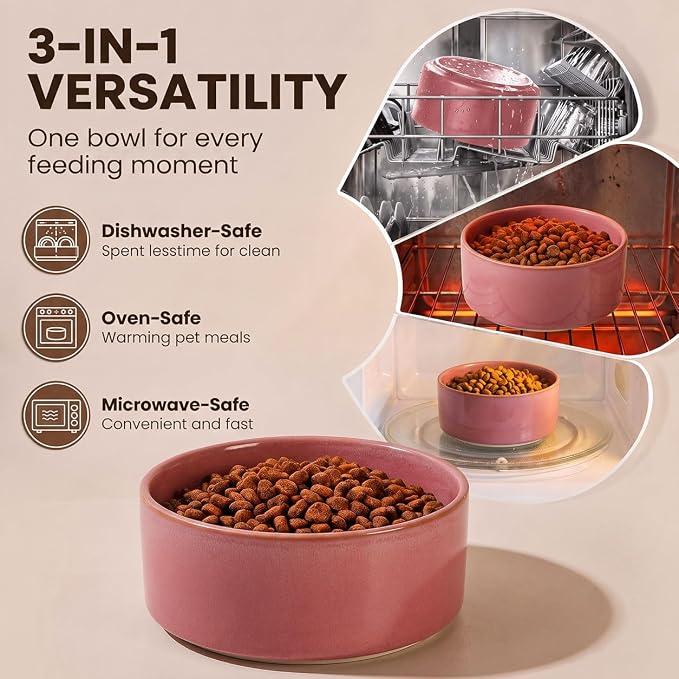 hjn Elevated Ceramic Dog Bowl with Bamboo Stand, Raised Pet Feeding Station for Small Medium Dogs Cats, Modern Design with Anti-Slip Base (Deep Pink, 3.6Cup)