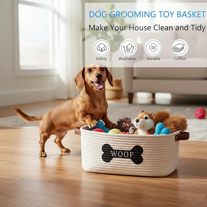 Morezi Cotton rope dog toy basket with handle, large dog bin, puppy kitty bed, dog toy basket - Perfect for carry pet toys, blankets, leashes, chew toys, diapers - Beige