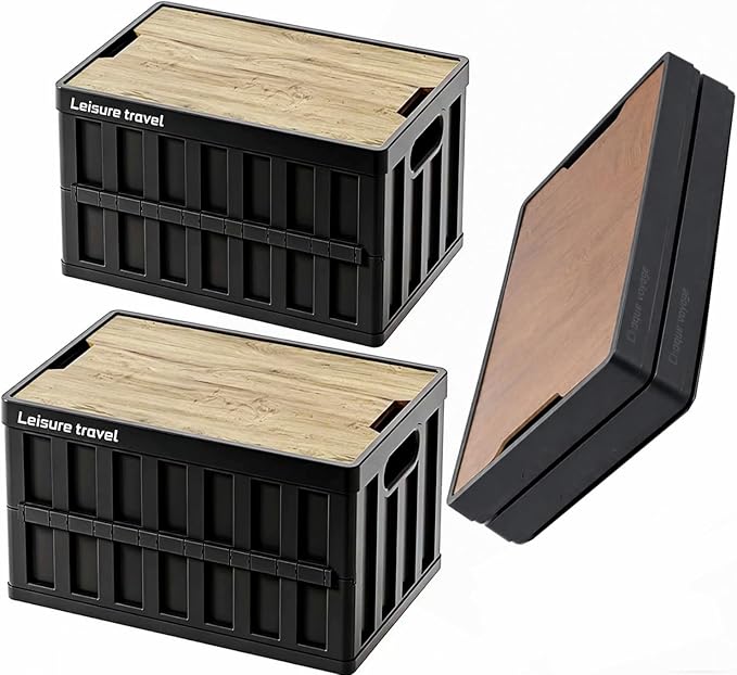VIMI 50L Collapsible Storage Bins with Lids Stackable Utility Crates with Handles Plastic Large Folding Containers for Organizing Tools,Books,Food,Drinks,Camping&Transport (Black-2 Pack)