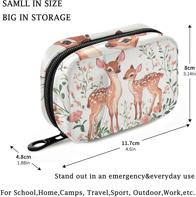 Fustylead Lovely Retro Fawn on Floral Background Travel Pill Case Bag with Zipper Weekly Pill Box 8 Compartments 7 Day Personal Pill Case Purse Medicine Case Organizer