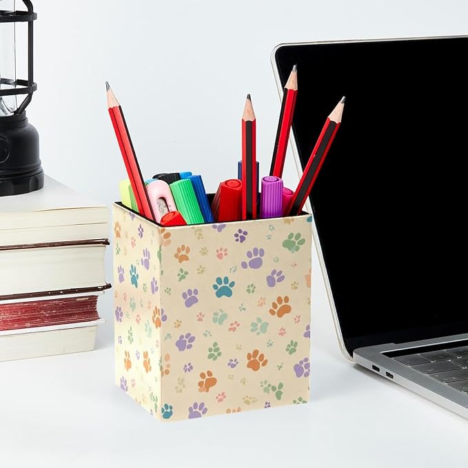 Pet Paws Pen Holder for Desk Decor, Rectangular PVC Leather Pencil Cup for Desk Pen Organizer, Makeup Brush Holder for School, Home, Office