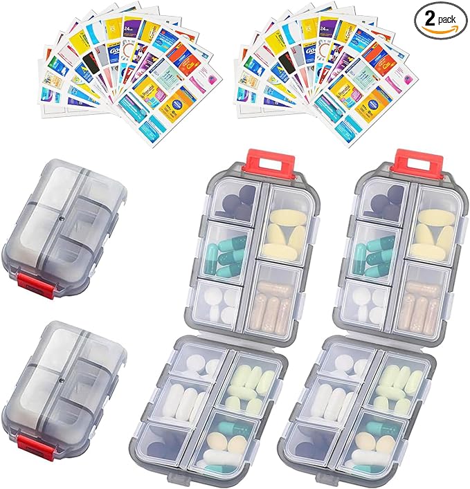 2PCS 7-Day Pill Organizer with Labels – Travel Pill Case, Daily Medication Organizer | Compact & Secure | Fits in Pocket/Purse (3.7” x 2.4”)