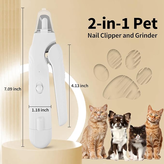 2-in-1 Dog & Cat Nail Clippers and Grinder with Light, Safety Guard, Painless Quiet Pet Nail Claw Trimmers, USB Rechargeable Pet Nail Trimmer, for Large Medium Small Dogs Cats Claw Trimmer, White