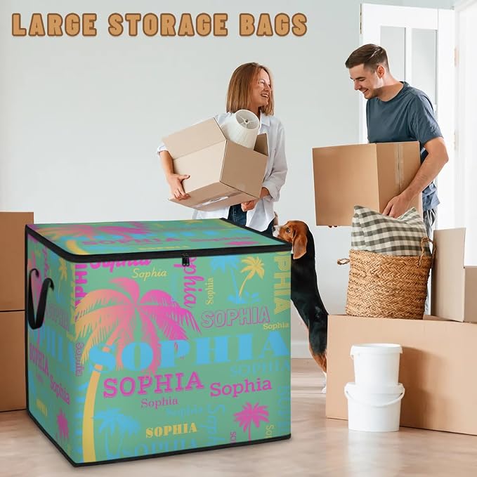 Custom Extra Large Storage Baskets Named with Lid, Personalized Storage Bins Basket Boxes Handles for Clothes Blanket Bedroom Closet Organizing Toys Shelves, Pink Blue Yellow Trees Names Mint Green