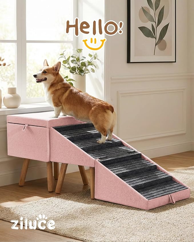Dog Ramp for Bed & Couch, Foldable Dog Stairs 21.06" inches High | Split Ottoman No-Slip Surface Dog Ramp, 2 in 1 Wooden Pet Steps for Puppy and Large/Medium/Small Dogs,Pink