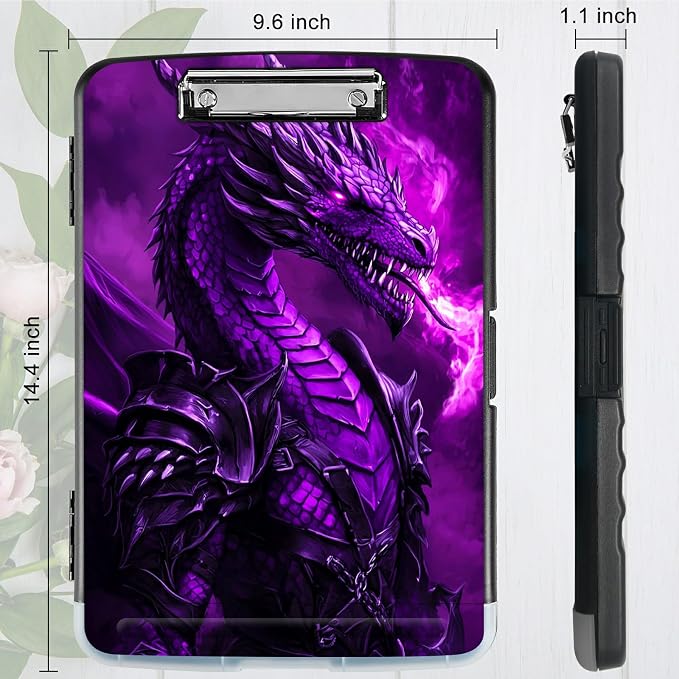 Purple Flaming Dragon A4 Clipboard with Storage Pen Holder, Clipboards Organizer Nursing Clipboard Foldable File Folder Plastic Clipboard Folio Clip Board for Office Students Classroom