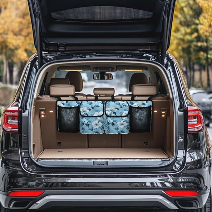 Dreaweet Blue Hibiscus Flower Trunk Organizer for Car Women Hanging Back Seat Storage with 4 Pockets Collapsible Car Cargo Trunk Storage Organizer Bag for Truck,SUV,Van with Adjustable Straps