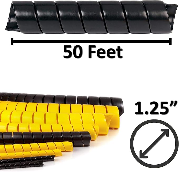 Electriduct 1.25 Inch Heavy Duty Spiral Wrap HDPE Flexible Plastic Cable Sleeve Hose Protector 50 Feet - Black