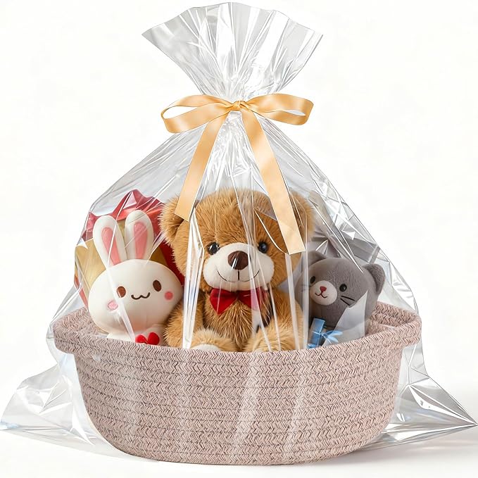 Basket for Gifts Empty, Small Woven Basket with Bags and Ribbons, Baby Toy Baskets with Handles, Wicker Storage Bin for Baby Showers or Pet Toy (Brown, 1 Pack (12"x 8"x 3.74"))
