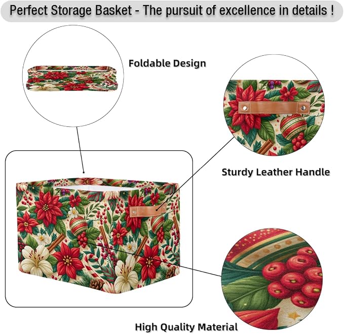 Christmas Basket Storage Bins Rectangle Canvas Basket Cube Storage Box | Nursery Foldable Basket with Handle for Kids Girls Boys Toys Living Room Closet Organizer Shelf Gifts Poinsettia Bell