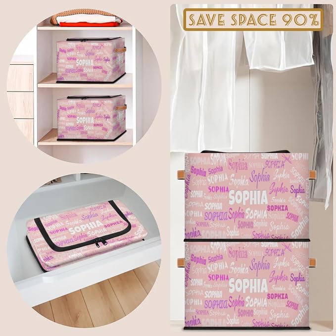 Custom Storage Baskets for Kids with Name, Pale Pink Background Large Foldable Organizer Collapsible Storage Bin with Zipper Lid Leather Handle for Home Toys Closet Nursery