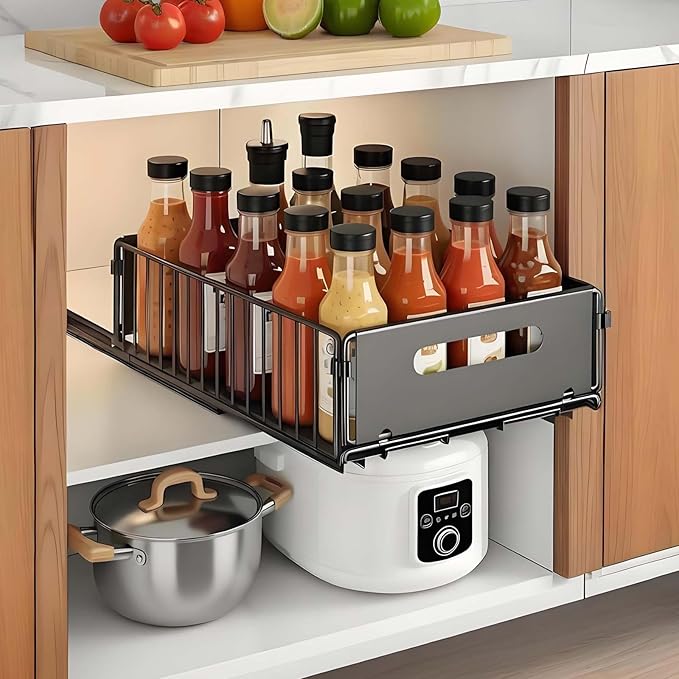Slide-Out Storage Organizer 9.6"x14.8"x4" Matte Black Rustproof Carbon Steel Pull Out drawer Tray with Adhesive Taps and Screw Installation for Bathroom Cabinet,Under Sink, Dresser