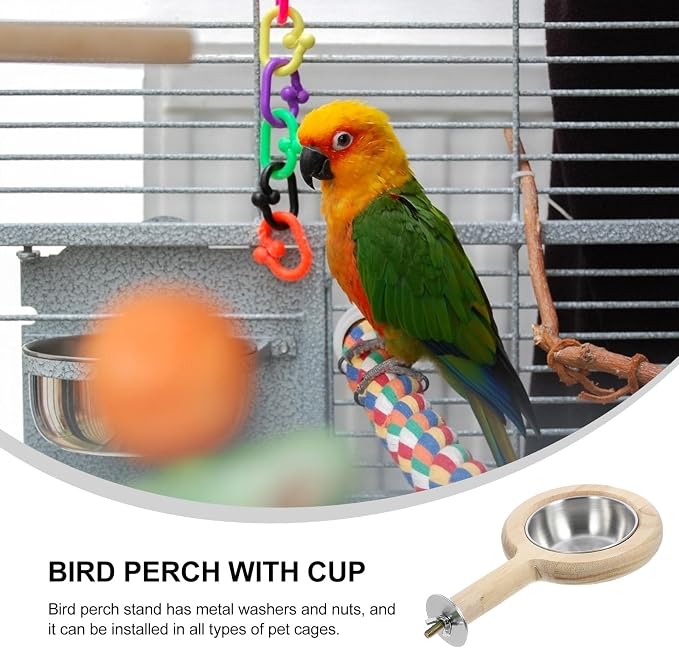 INOOMP Stainless Steel Bird Bowl with Feeding Cup and Perch Stand, Parrot Food Organizer and Bird Feeding Container for Cage Use