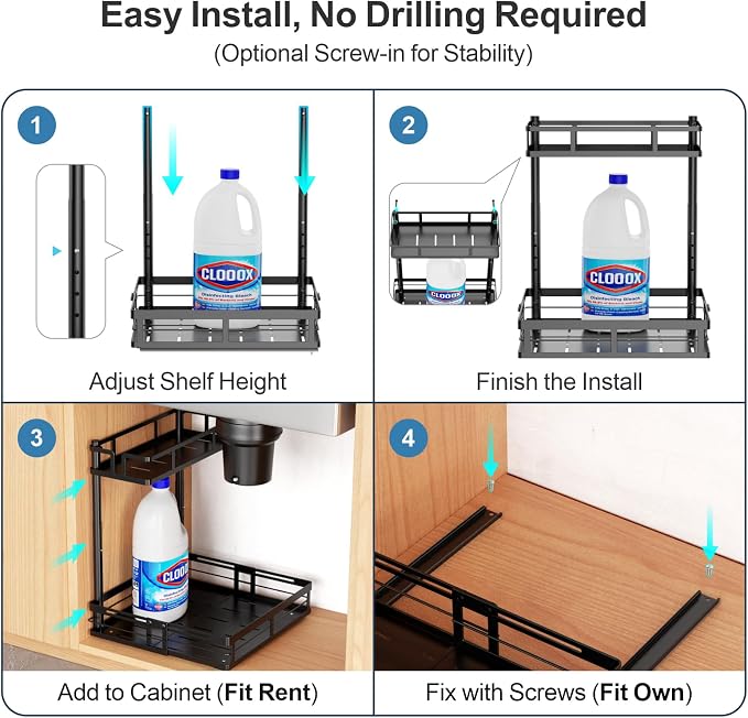 iSPECLE Under Kitchen Sink Organizer - L-Shaped Pull Out Shelf, 2 Pack | L-Shaped Fit Around Garbage Disposal, Adjustable Shelves, Pull Out Access, For 30-36 Inch Sink Cabinet, 2 Pack Black