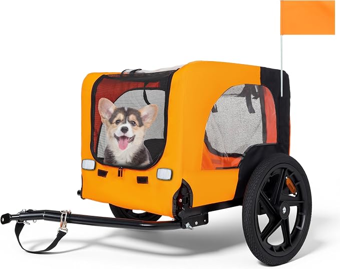 KEIKI Dog Bike Trailer with Built-in Leash, Pet Stroller Cart Bicycle Carrier, Easy Folding Cart Frame with Front Caster & 16" All-Terrain Wheels & Universal Hitch, Supports up to 66 lbs