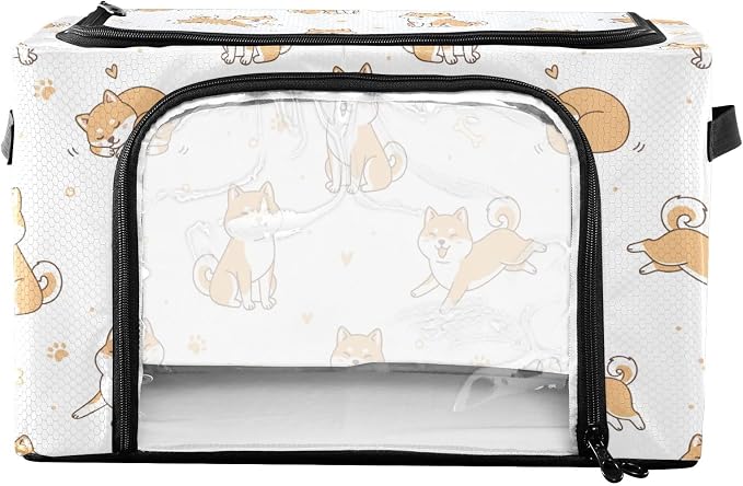 Cute Pets Dogs White print Under Bed Storage Containers with Double Zipper Openings, Foldable Clothes Storage Bins with Clear Window and Handles for Bedding Comforters Blankets