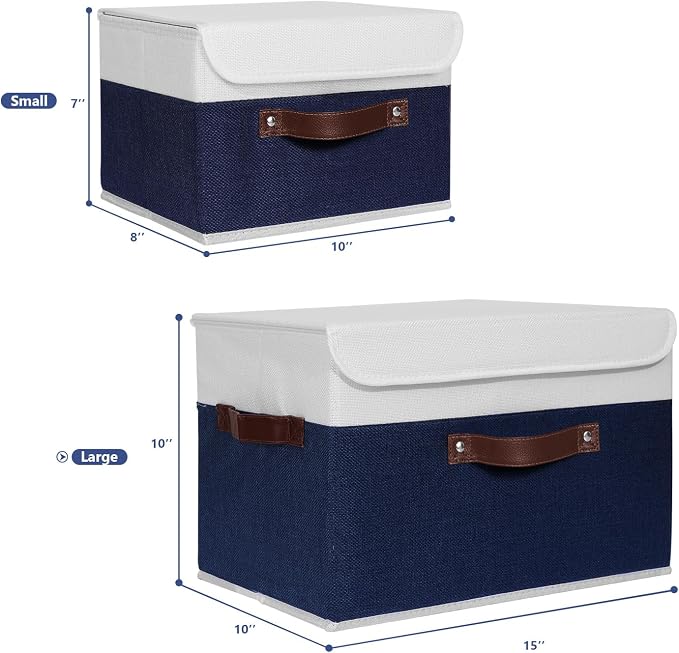 ANMINY Fabric Storage Box Bins with Lids, Blue White, 15"x10"x10", 2 Pack | Keepsake Memory Storage, Cotton Linen, PP Board Reinforced, Washable, PU Handles, Foldable & Stackable, Decorative, Large